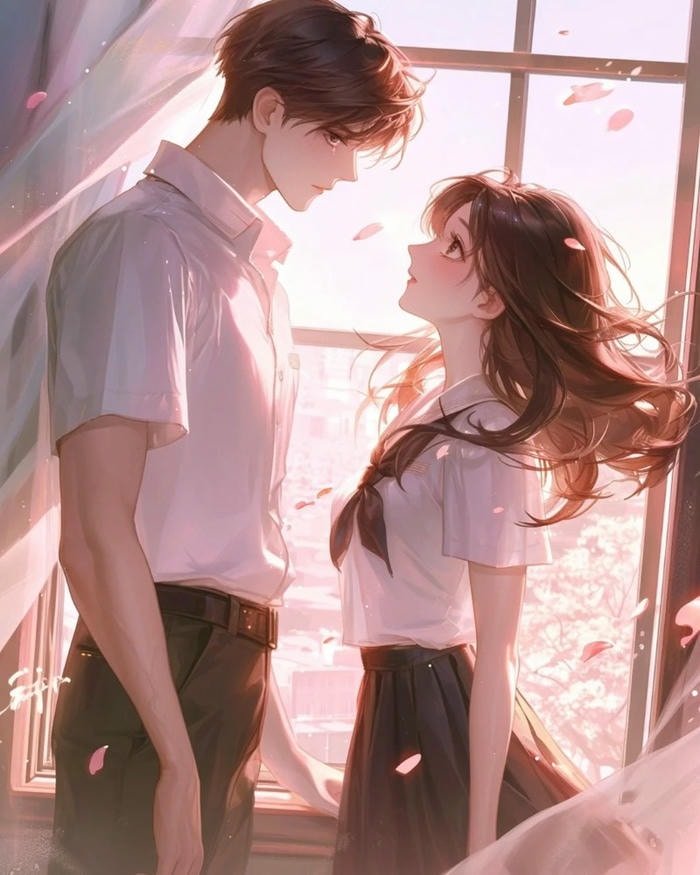 cartoon couple dp hugging under starry night sky.