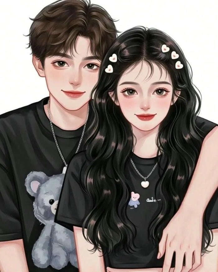 cartoon couple dp sitting on bench under tree.