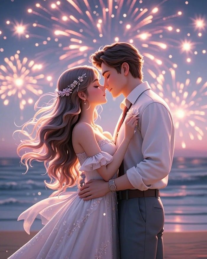 cartoon couple dp with sparkling heart design.