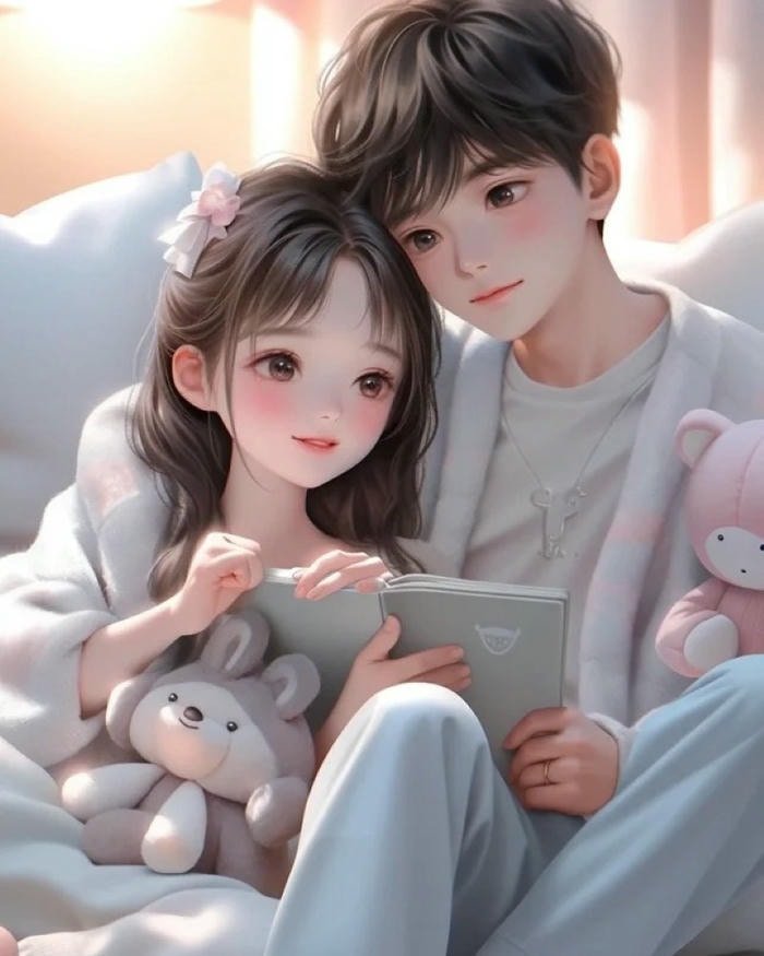 cute cartoon couple dp with soft pink theme.