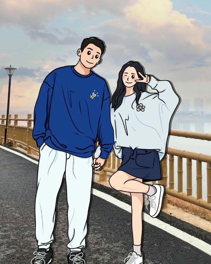 soft tone cartoon couple dp for aesthetic lovers.